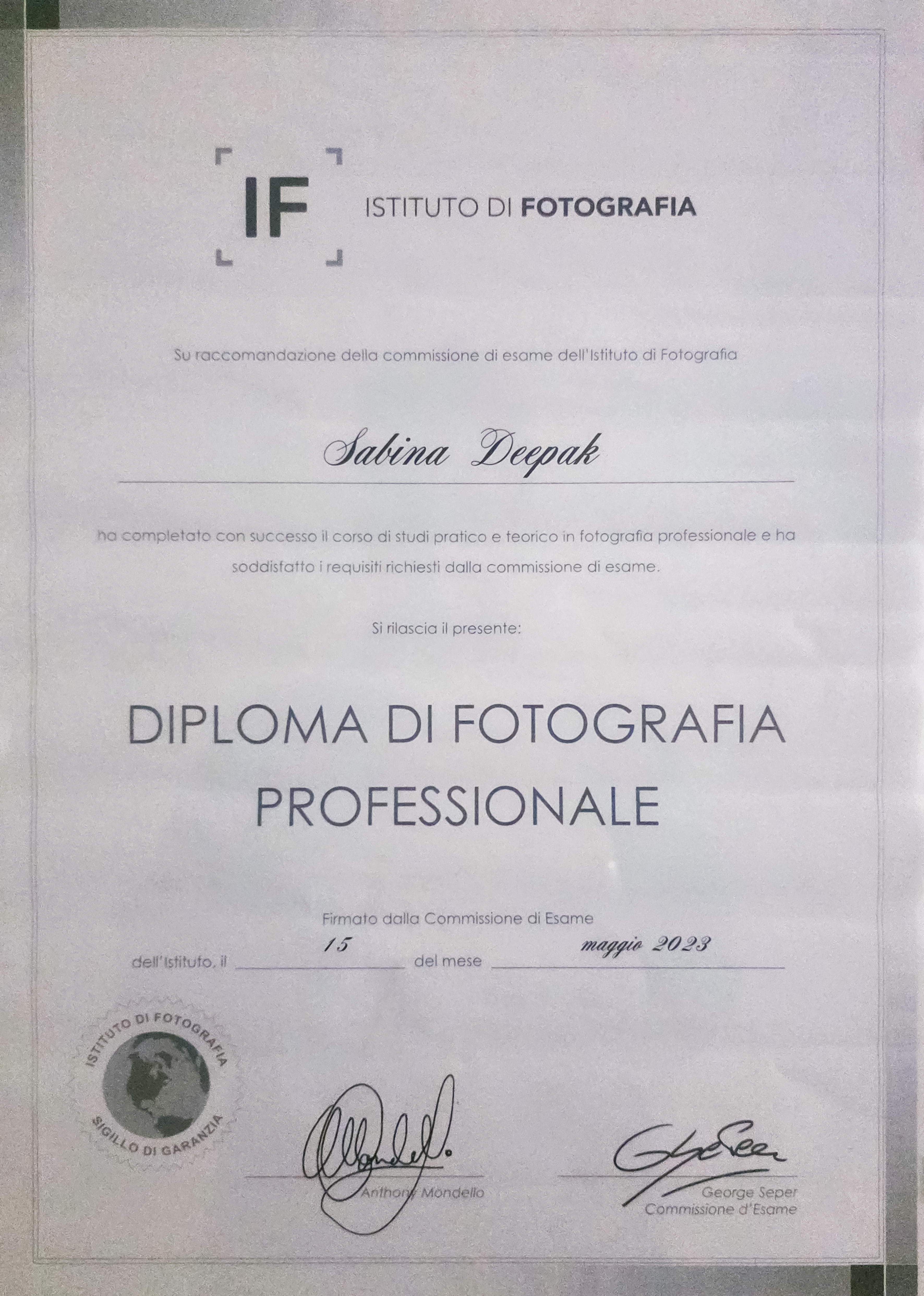 Attestato Diploma di Fotografia